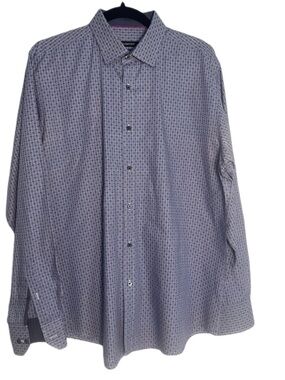 Bugatchi Mens Button Down Shirt Blue Geometric Print Classic Fit Long Sleeve